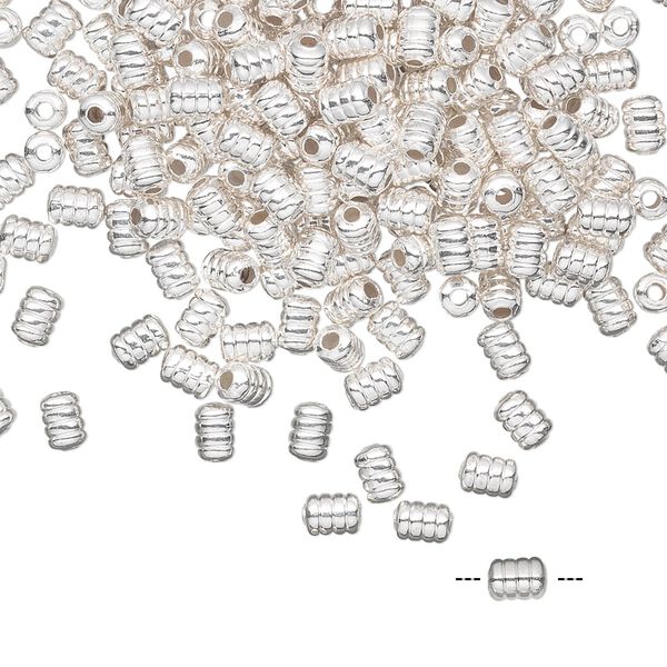 Bead, silver-plated brass, 4x3mm ribbed tube. Sold per pkg of 100. image number 0