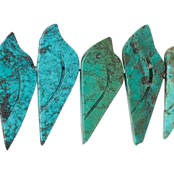 Bead, turquoise (dyed / stabilized), 20x9mm-27x12mm hand-carved bird, B grade, Mohs hardness 5 to 6. Sold per pkg of 6. image number 0