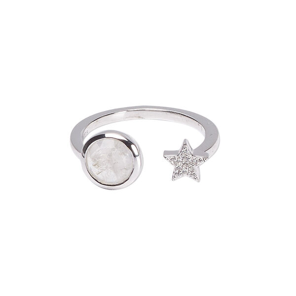 Ring Create Compliments® 1pkg1 rainbow moonstone / cubic zirconia / sterling silver, 8.5mm size 8 star / moon, size 8.clear / rhodium plate image number 0