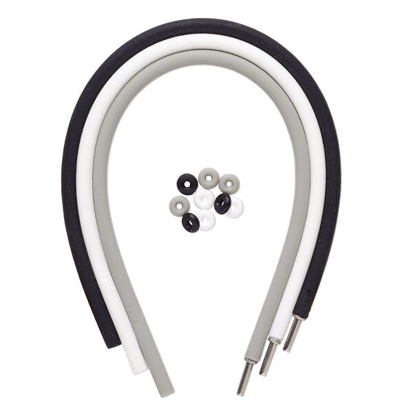 Bracelet cord, silicone and stainless steel, black / white / grey, 4mm round, 7-1/2 inches with pop-style clasp. Sold per pkg of 3. image number 0