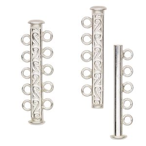 Clasp slide lock 1pkg1 sterling silver, 31x6mm filigree tube, JBB Findings 5-strand