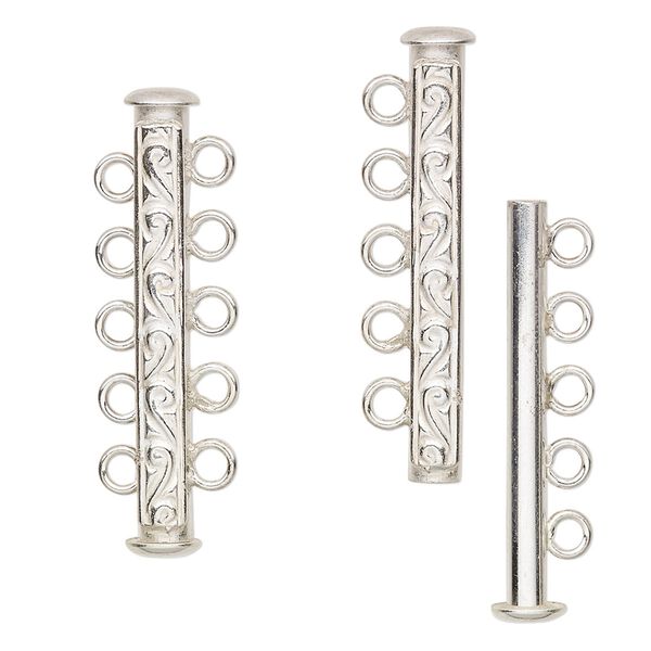 Clasp, JBB Findings, 5-strand slide lock, sterling silver, 31x6mm tube with filigree pattern. Sold individually. image number 0