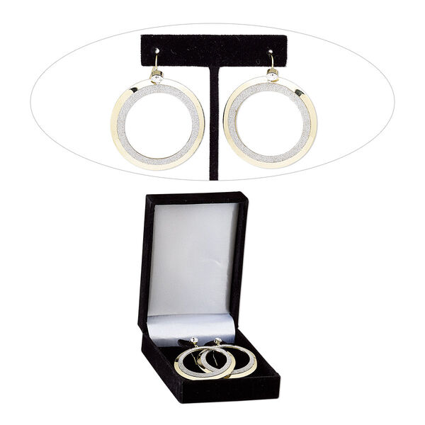 Earring, Czech glass rhinestone with gold-finished brass and steel, clear with silver-colored glitter, 2-1/4 inches with two-tone round donut and fishhook ear wire. Sold per pair. image number 0