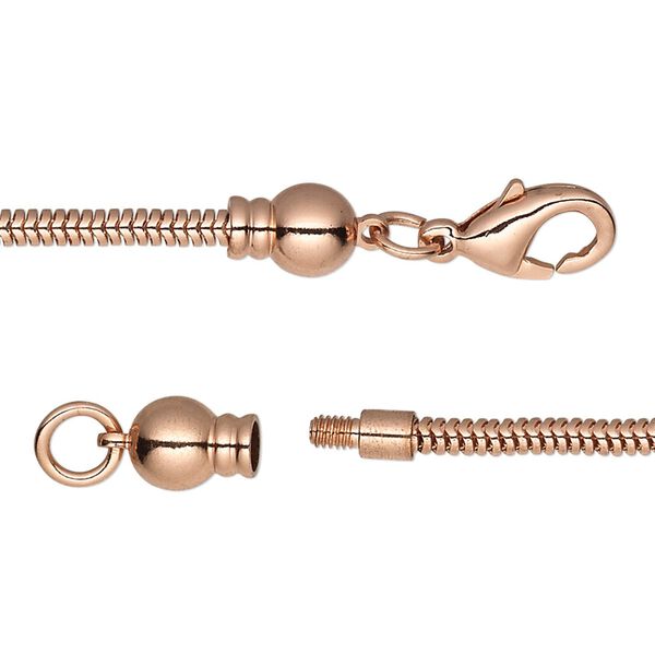 Dione® Easy-On Chain, copper-plated brass, 2.6mm snake, 7 inches with 3.3mm threaded ball end and lobster claw clasp. Sold individually. image number 0