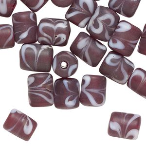 Bead, frosted glass, translucent frosted purple-bronze and white, 10x8mm-11x9mm round tube with swirl design. Sold per pkg of 40 beads.