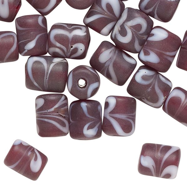 Bead, frosted glass, translucent frosted purple-bronze and white, 10x8mm-11x9mm round tube with swirl design. Sold per pkg of 40 beads. image number 0