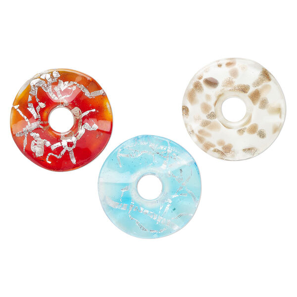 Random focal mix, lampworked glass, opaque and translucent mixed colors, 46-47mm wavy donut with copper-colored glitter and silver-colored foil. Sold per pkg of 3. image number 0