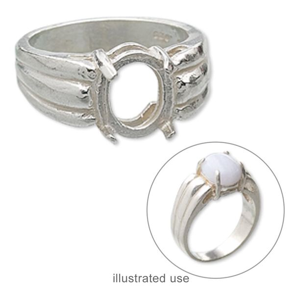 Ring, sterling silver, three-rib leaf band with 10x8mm 4-prong oval setting, size 7. Sold individually. image number 0