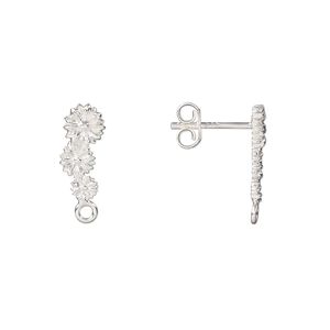 Earstud 1pkg2 sterling silver, 16x6mm flower / closed loop / earnuts , 1 pair