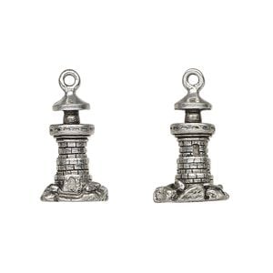 Charm, antiqued pewter (tin-based alloy), 18x11mm 3D lighthouse. Sold per pkg of 2.