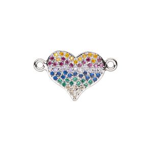 Link, cubic zirconia and silver-finished brass, multicolored, 14.5x12mm single-sided heart. Sold individually.