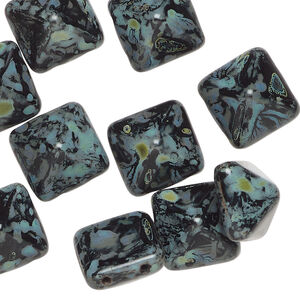Spacer bead 1pkg12 Preciosa Czech pressed glass, opaque black / blue / green tortoise, 11x11x7.5mm 2-strand pyramid, fits up to 5.5mm bead.