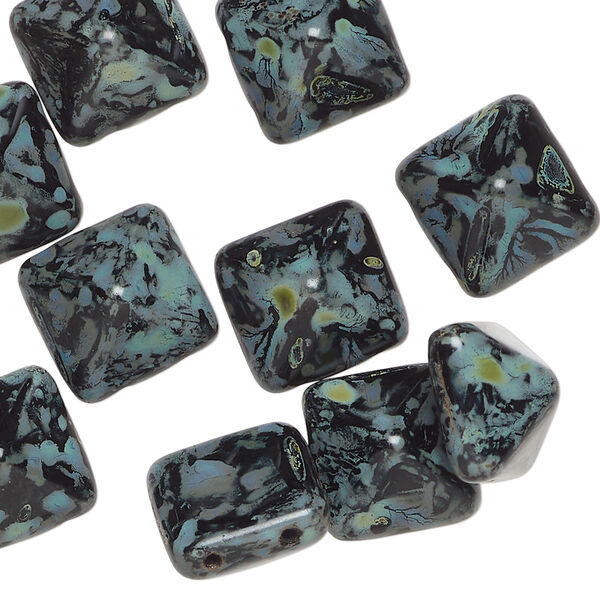 Spacer bead 1pkg12 Preciosa Czech pressed glass, opaque black / blue / green tortoise, 11x11x7.5mm 2-strand pyramid, fits up to 5.5mm bead. image number 0