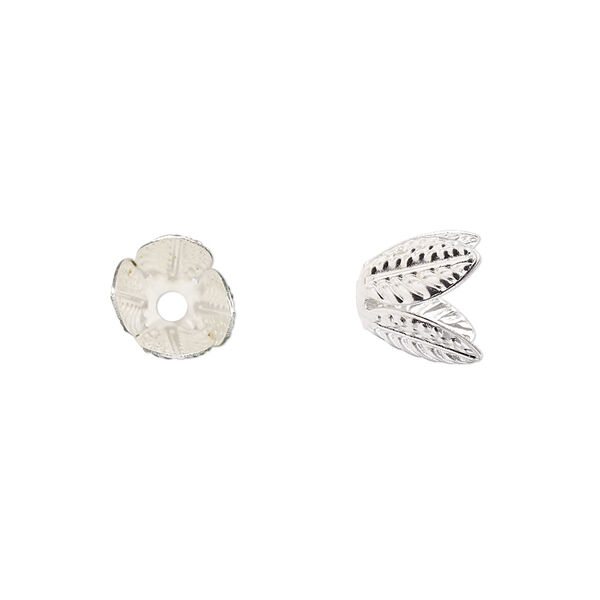 Bead cap, silver-finished steel, 9mm leaves, fits 6-8mm round bead. Sold per pkg of 20. image number 0