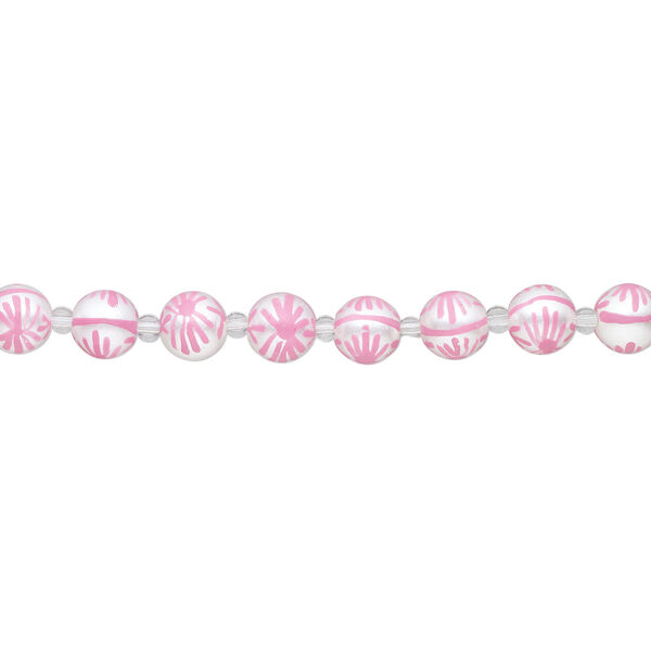 Bead, glass 1pkg8, opaque white and pink, 12mm hand-painted round. image number 1