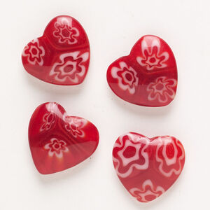 Bead, millefiori glass, pkg/4, translucent red and white, 18-20mm half-drilled puffed heart.