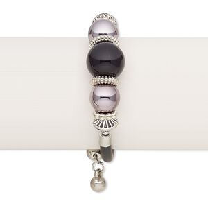 Bracelet, wrap, acrylic / imitation leather / silver-finished steel / silver- / gunmetal-coated plastic, black, 18mm wide, adjustable from 6-1/2 to 8 inches. Sold individually.