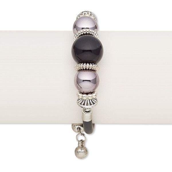 Bracelet, wrap, acrylic / imitation leather / silver-finished steel / silver- / gunmetal-coated plastic, black, 18mm wide, adjustable from 6-1/2 to 8 inches. Sold individually. image number 0