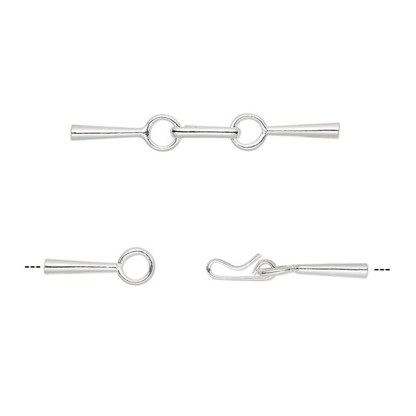 Clasp, hook-and-eye, silver-plated brass, 28x4mm with glue-in cord ends, 1mm inside diameter. Sold per pkg of 10. image number 0