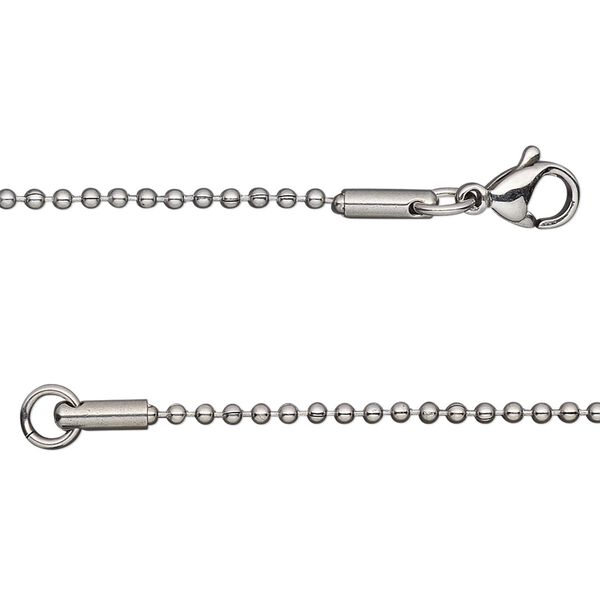 Chain, stainless steel, 1.5mm ball, 30 inches with lobster claw clasp. Sold individually. image number 0