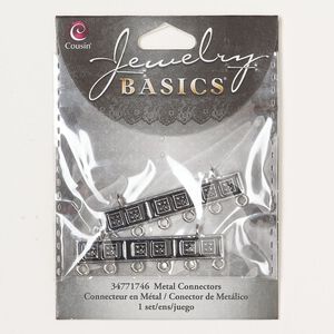 Connector, silver-finished "pewter" (zinc-based alloy) and enamel, black, 47x8mm rectangle with beaded square design. Sold per pkg of 2.