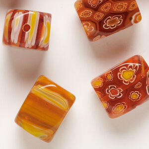 Bead, millefiori glass 1pkg2oz, translucent orange and red-orange, 17x10mm-18x13mm 4-sided rectangle.