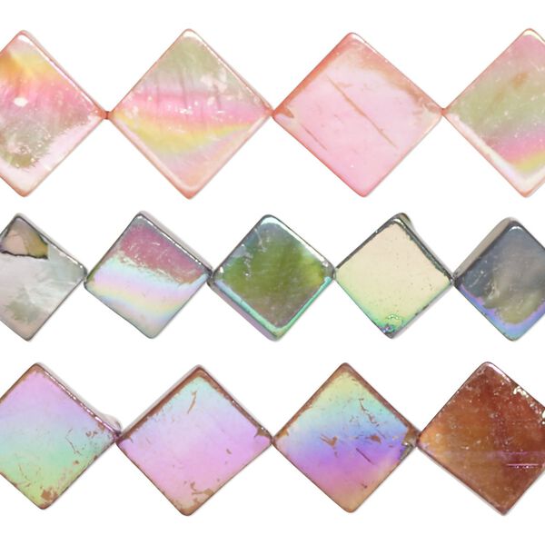Bead mix, mother-of-pearl shell (bleached / dyed), multicolored AB, 8x7mm-12x11mm flat diamond with 0.4-0.6mm hole, Mohs hardness 3-1/2. Sold per pkg of (3) 15-inch strands. image number 0