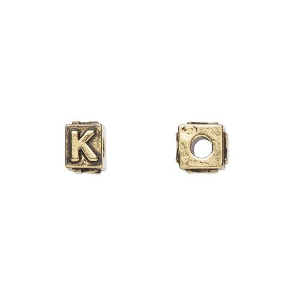 Bead, antique gold-plated pewter (tin-based alloy), 8x6mm rectangle with alphabet letter "K." Sold per pkg of 4. image number 0