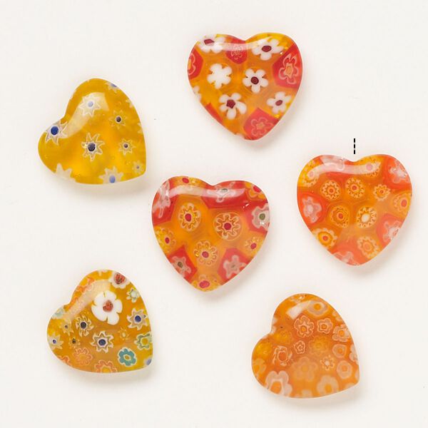 Bead, millefiori glass, translucent orange and multicolored, 17-20mm half-drilled puffed heart. Sold per pkg of 6. image number 0