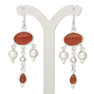 Earring, cultured freshwater pearl (bleached) / carnelian (dyed / heated) / sterling silver, white, 2-1/2 inches with fishhook ear wire. Sold per pair.
