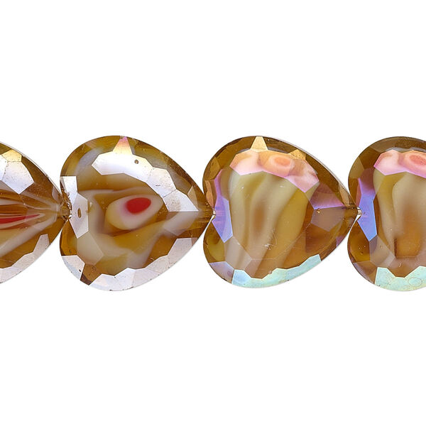 Bead, millefiori glass, marbled amber yellow AB, 16x16mm faceted heart. Sold per 8-inch strand, approximately 10 beads. image number 0