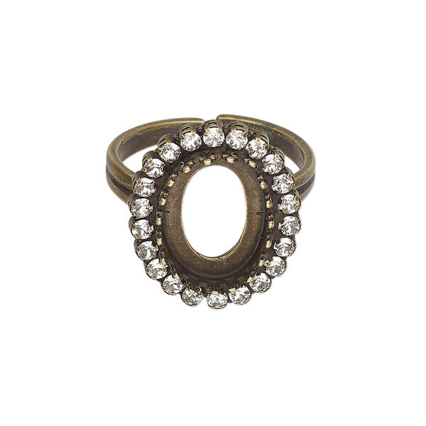 Ring, JBB Findings and crystals, antique brass-plated brass, crystal clear, 20mm wide with 14x10mm oval bezel setting, adjustable from size 7.5-11. Sold individually. image number 0