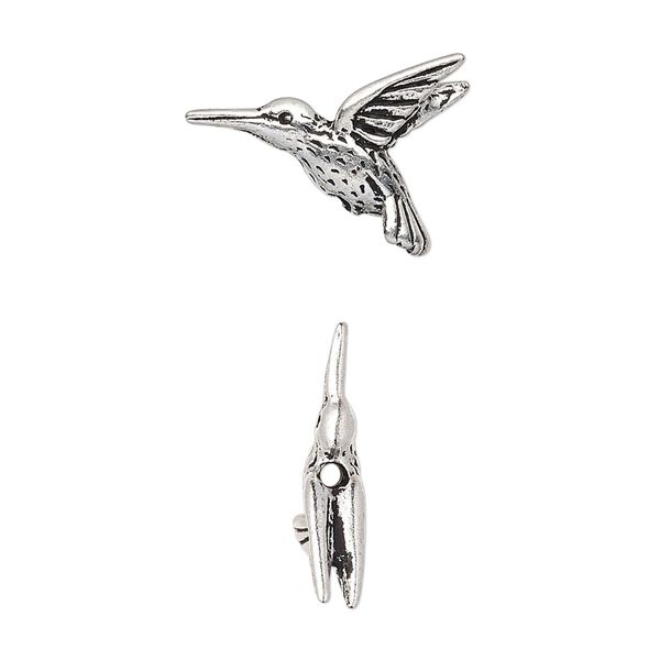 Bead, TierraCast®, antique silver-plated pewter (tin-based alloy), 19x14mm 3D hummingbird. Sold per pkg of 2. image number 0