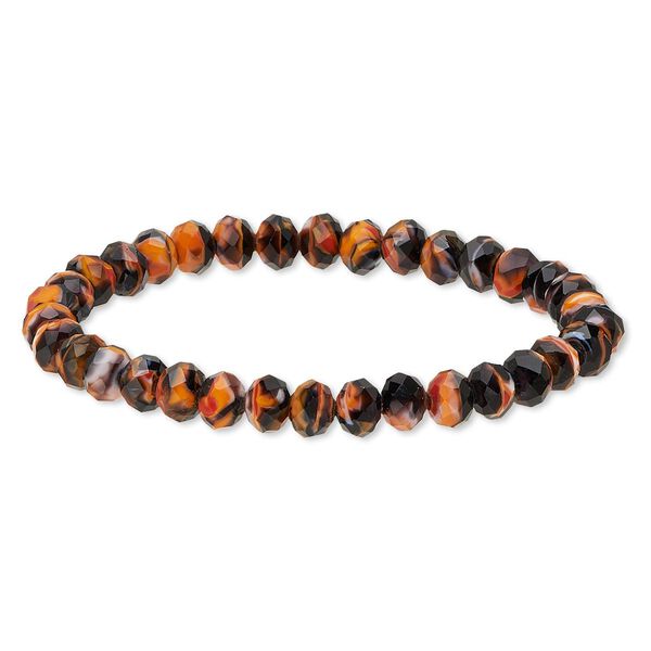 Bracelet, stretch, glass, opaque black and orange, 8x6mm faceted rondelle, 7-1/2 inches. Sold individually. image number 0