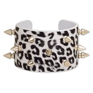 Bracelet, cuff, polyester / acrylic / silver-finished brass, black and white, 42mm wide with spikes and leopard print design, adjustable from 7-8 inches. Sold individually.
