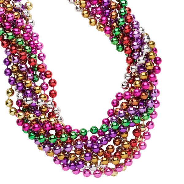 Necklace mix, Everyday Jewelry, Mardi Gras beads, acrylic, opaque metallic mixed colors, 8mm round, 32-inch continuous loop. Sold per pkg of 12. image number 0