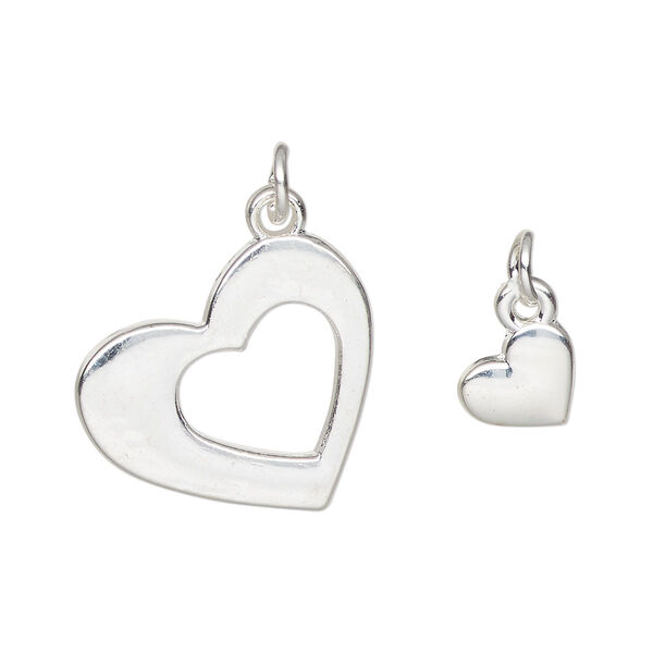 Charm, silver-finished "pewter" (zinc-based alloy) and steel, 20x18mm heart with cutout design and 8.5x8mm single-sided heart. Sold per pkg of (2) 2-piece sets. image number 0