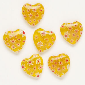 Bead, millefiori glass, translucent yellow / red / white, 16-18mm half-drilled puffed heart. Sold per pkg of 6.