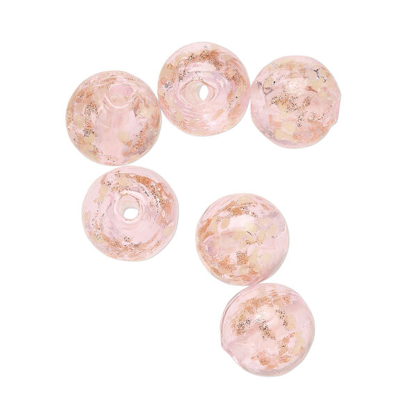 Bead, lampworked glass, clear / pink / glow-in-the-dark / gold, 10mm round. Sold per pkg of 6. image number 0