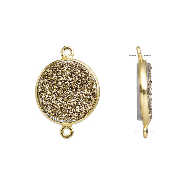 Link, titanium- / electro-coated druzy agate (coated) / gold-finished sterling silver, gold, 15mm hand-cut single-sided flat round. Sold individually. image number 0