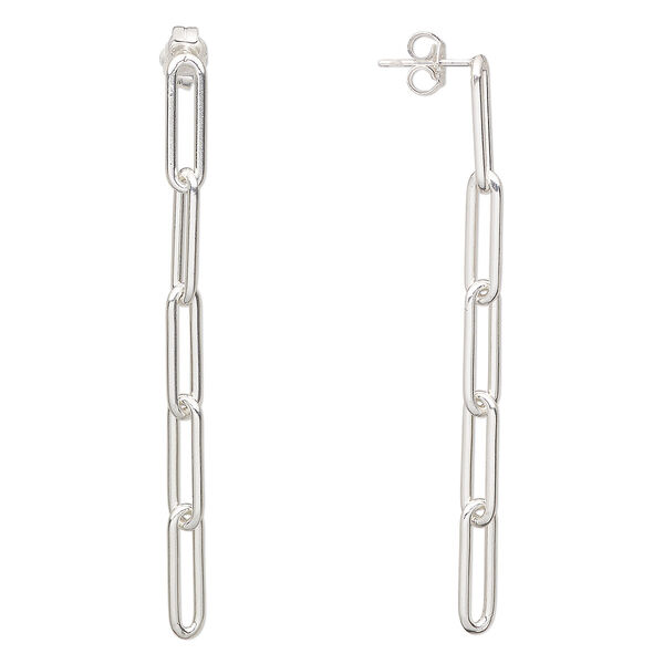 Earstud, sterling silver, 55x4mm with 5-link paperclip chain. Sold per pair. image number 0