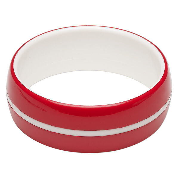 Bracelet, bangle, acrylic, red and white, 25mm wide with line design, 8 inches. Sold individually. image number 0