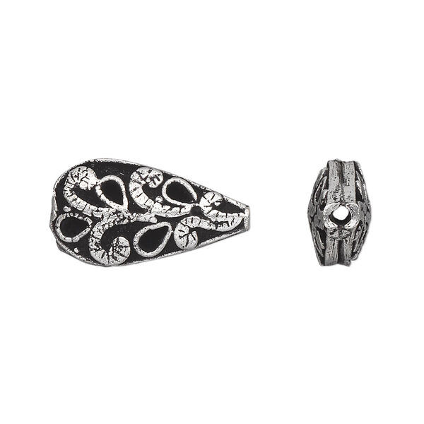 Bead, antique silver-plated brass, 21x11mm puffed teardrop with swirls and teardrops. Sold individually. image number 0