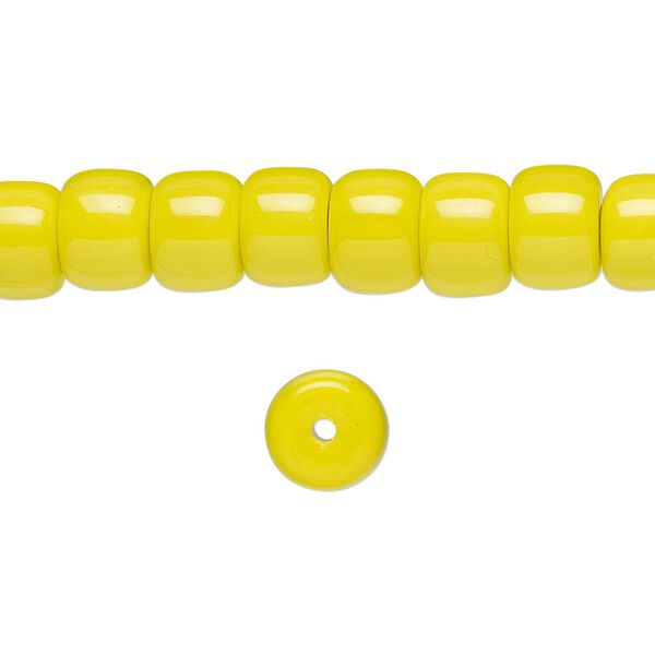 Bead, glass, opaque yellow, 8x6mm barrel. Sold per 15-1/2 to 16-inch strand. image number 0