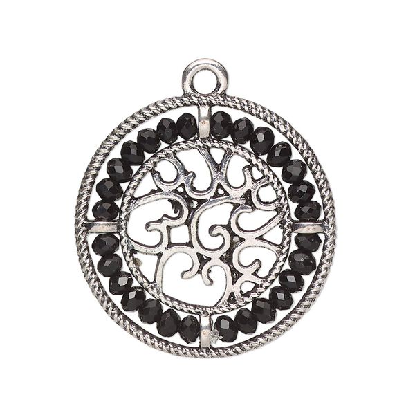 Drop, glass and antique silver-finished "pewter" (zinc-based alloy), black, 28mm round with hearts and beaded border. Sold per pkg of 2. image number 0