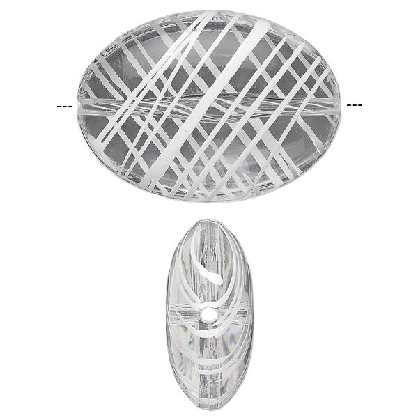 Bead, acrylic, semitransparent clear and white, 33x24mm puffed oval with painted line design. Sold per pkg of 18. image number 0