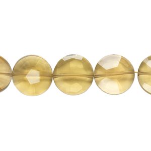 Golden quartz 1pkg5, hand-cut faceted flat round bead 12mm