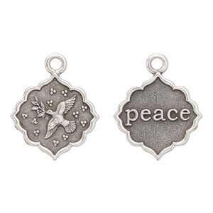 Drop, TierraCast®, antique silver-plated pewter, 24.5mm 2-sided scalloped diamond with dove and "peace." Sold per pkg of 10.
