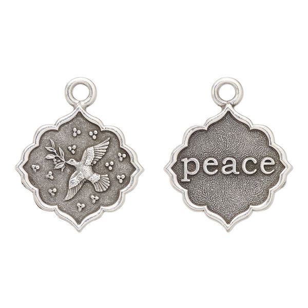 Drop, TierraCast®, antique silver-plated pewter, 24.5mm 2-sided scalloped diamond with dove and "peace." Sold per pkg of 10. image number 0