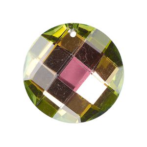 Focal, glass, pkg/1, 30mm top-drilled checkerboard faceted round, crystal vitrail.